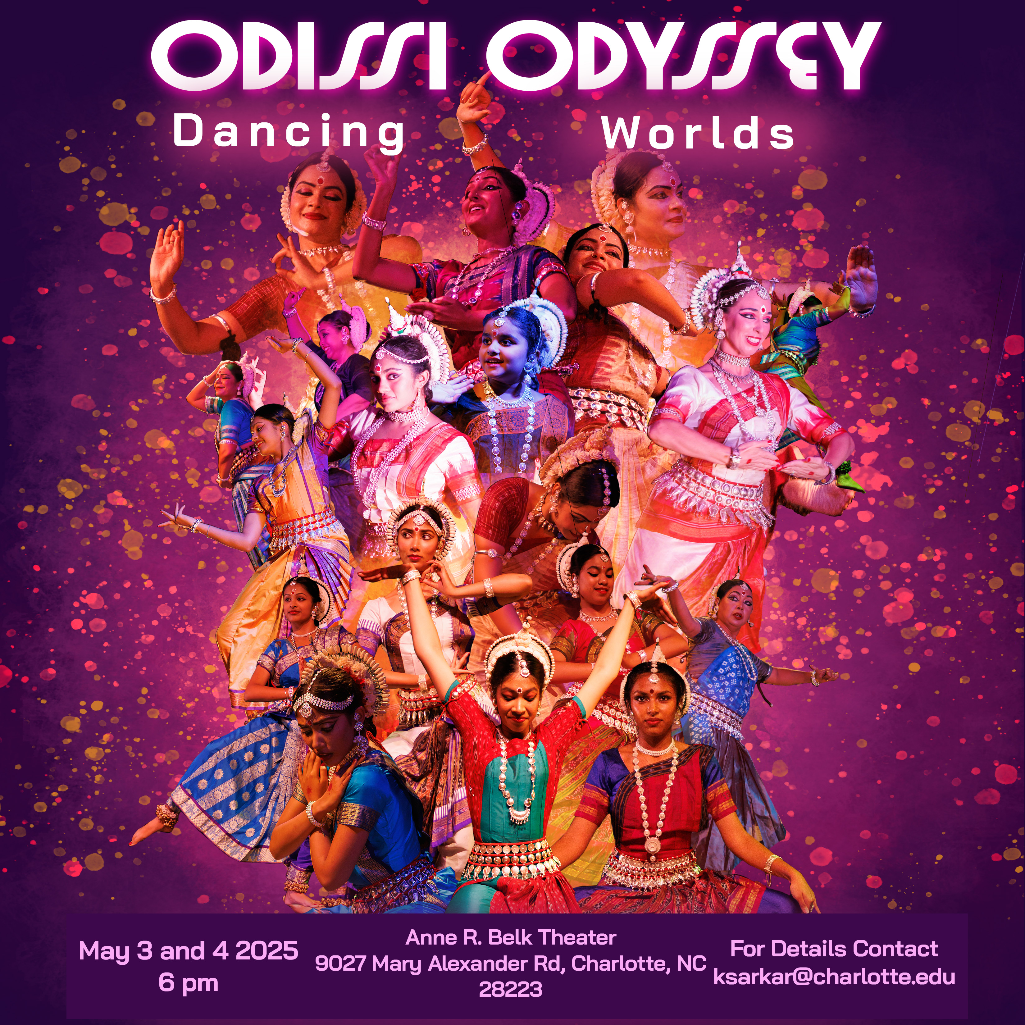 A tree of images of Odissi dancers with the event information (date, time, venue, and contact).