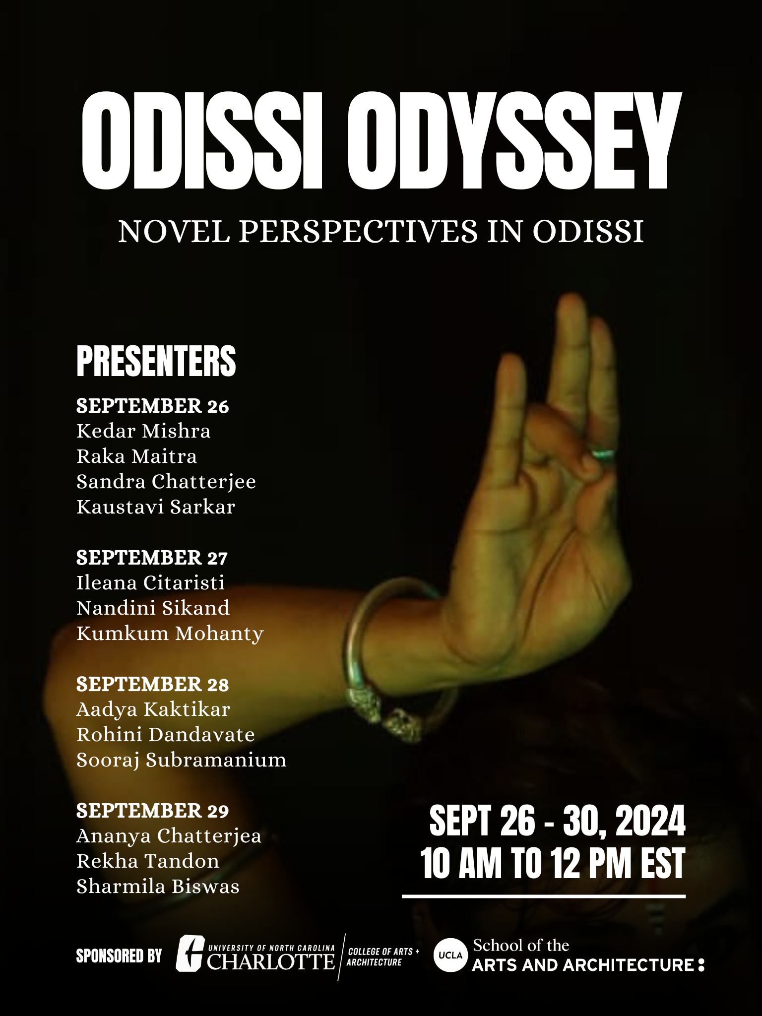 Conference Poster showcasing a Mudra (hand gesture), organizer logos, and speaker line-up.