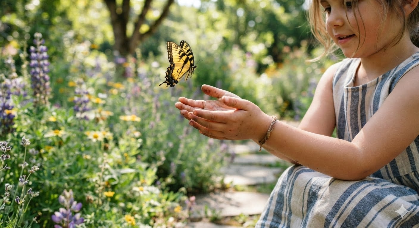 A young girl holding her hands out to a yellow swallowtail butterfly.